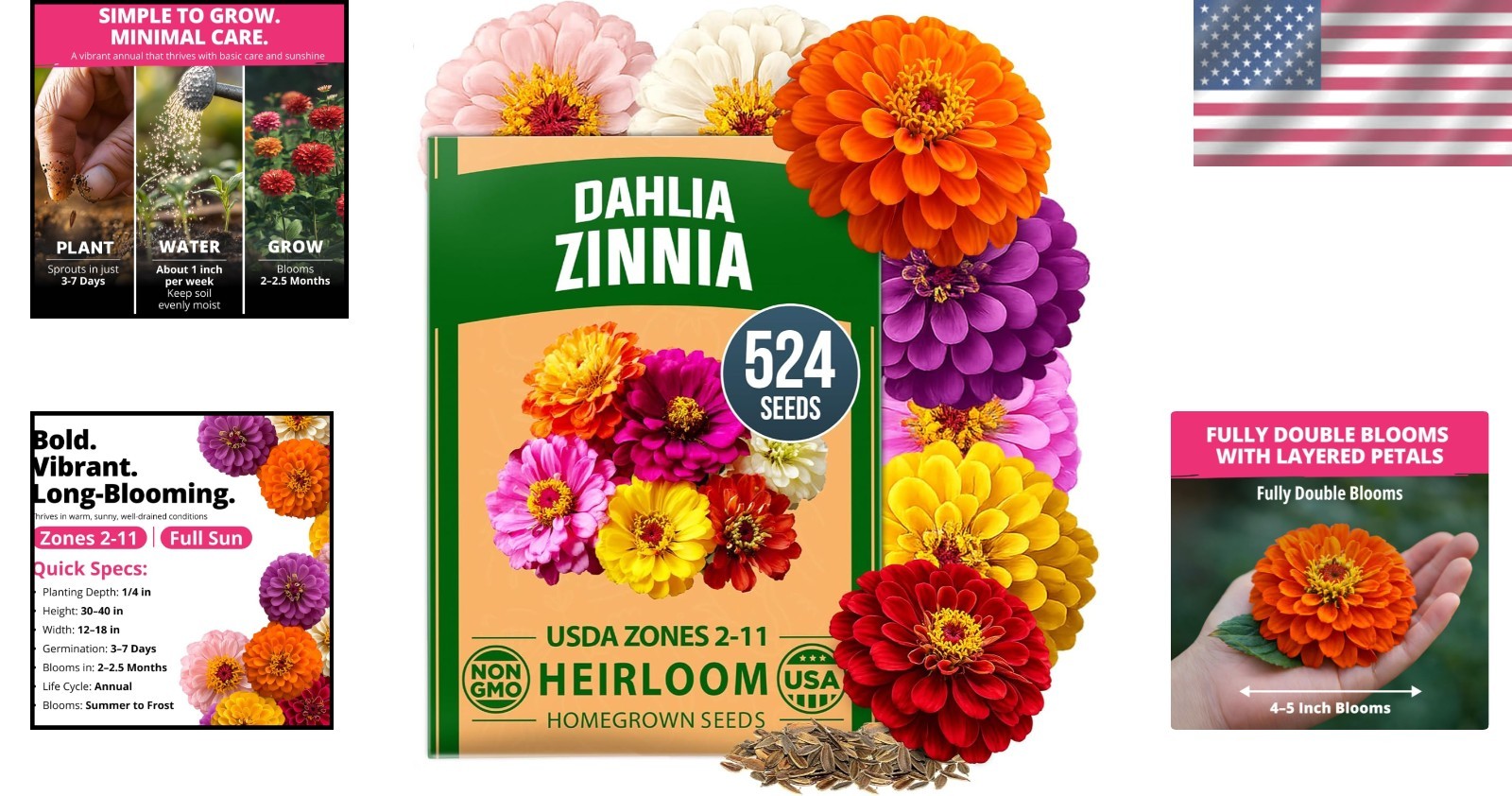 Comprehensive Grow Guide Included | 524 Zinnia Dahlia Seeds for -Round Color