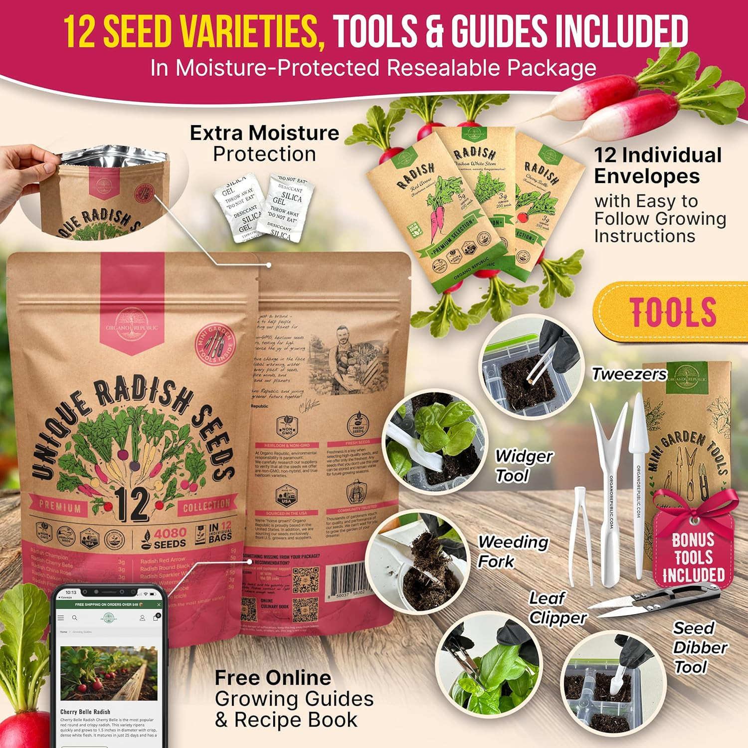 12 Radish Seeds Variety Pack for Indoor & Outdoors 2400+ Heirloom Non-Gmo Radish