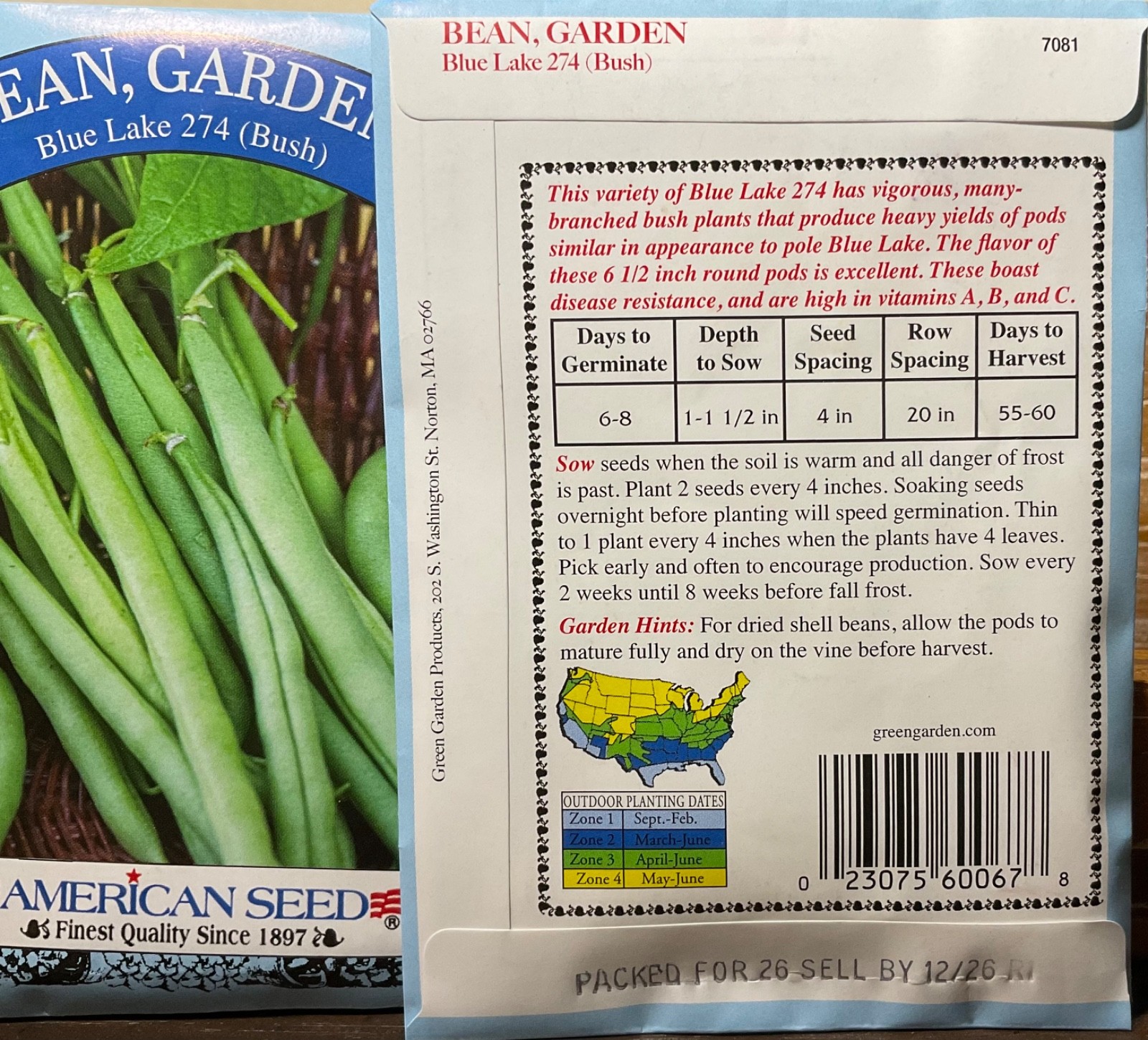 3 pack Blue Lake 274 Bush Green Bean Seeds, Heirloom/Non-GMO, American Seed 2026