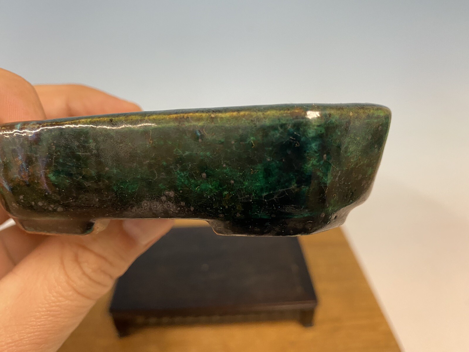 Green And Blue Glazed Shohin Size Tokoname Bonsai Tree Pot Made Koyo 4 3/8”