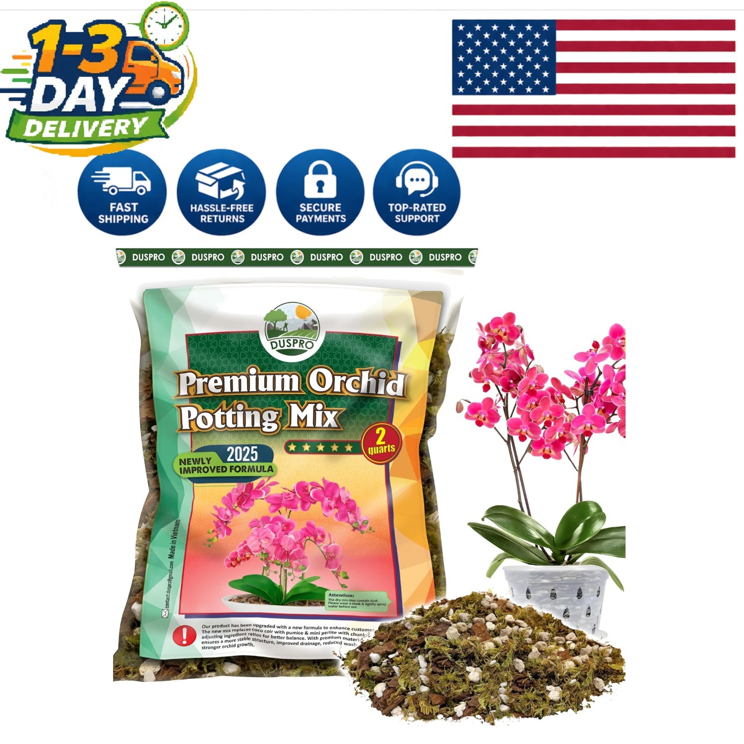 Upgraded Orchid Potting Mix 2QT with Forest Moss & Pine Bark for Vibrant Blooms