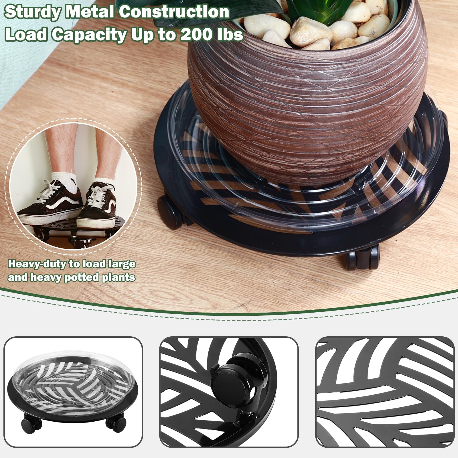 5-Packs 12″ Large Metal Plant Caddy w/ PU Wheels Heavy-Duty Wrought Iron Rolling