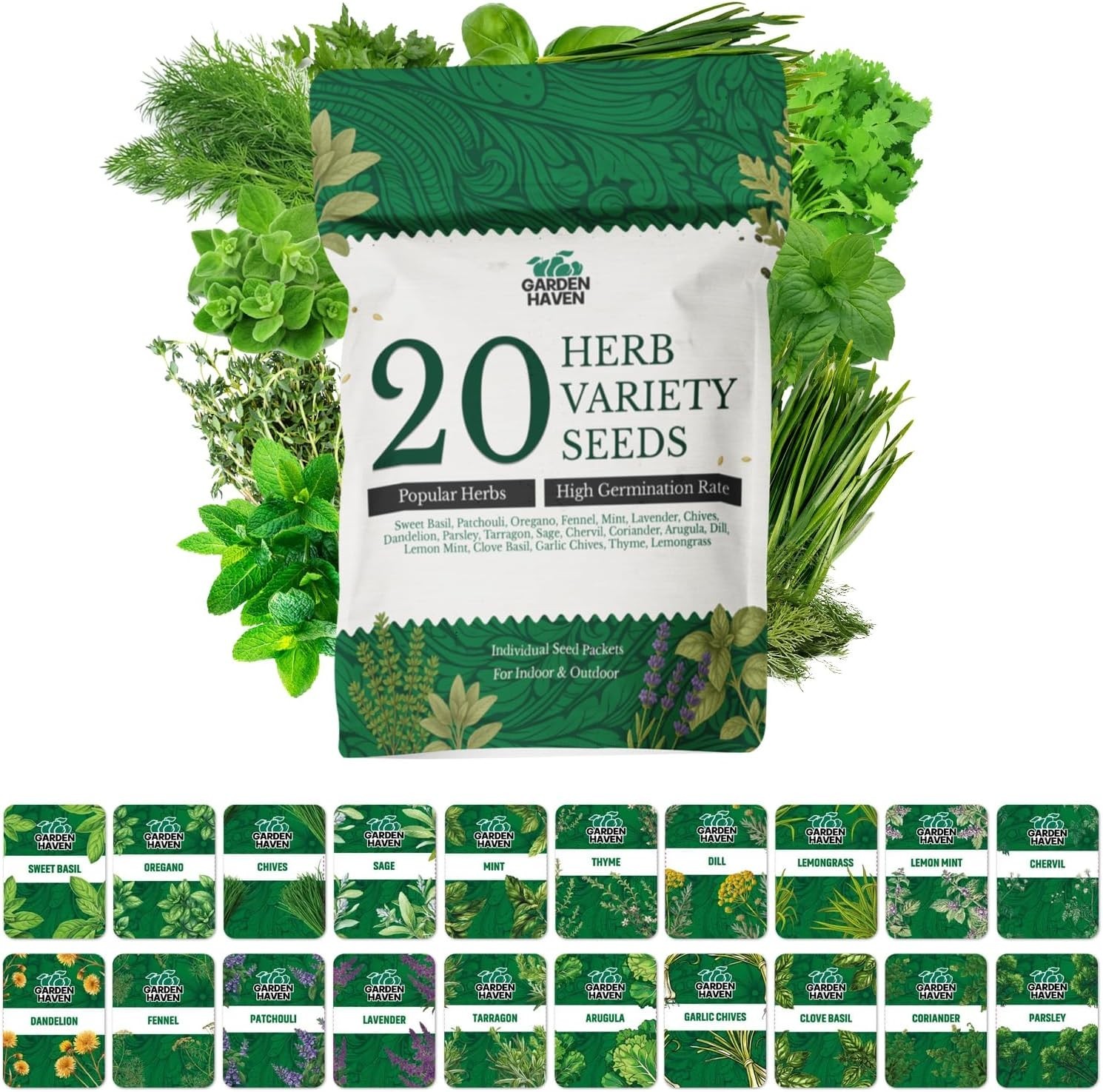20 HERB Seeds Variety Pack Culinary Herbs Indoor Outdoors Herb Seeds, Basil & mo