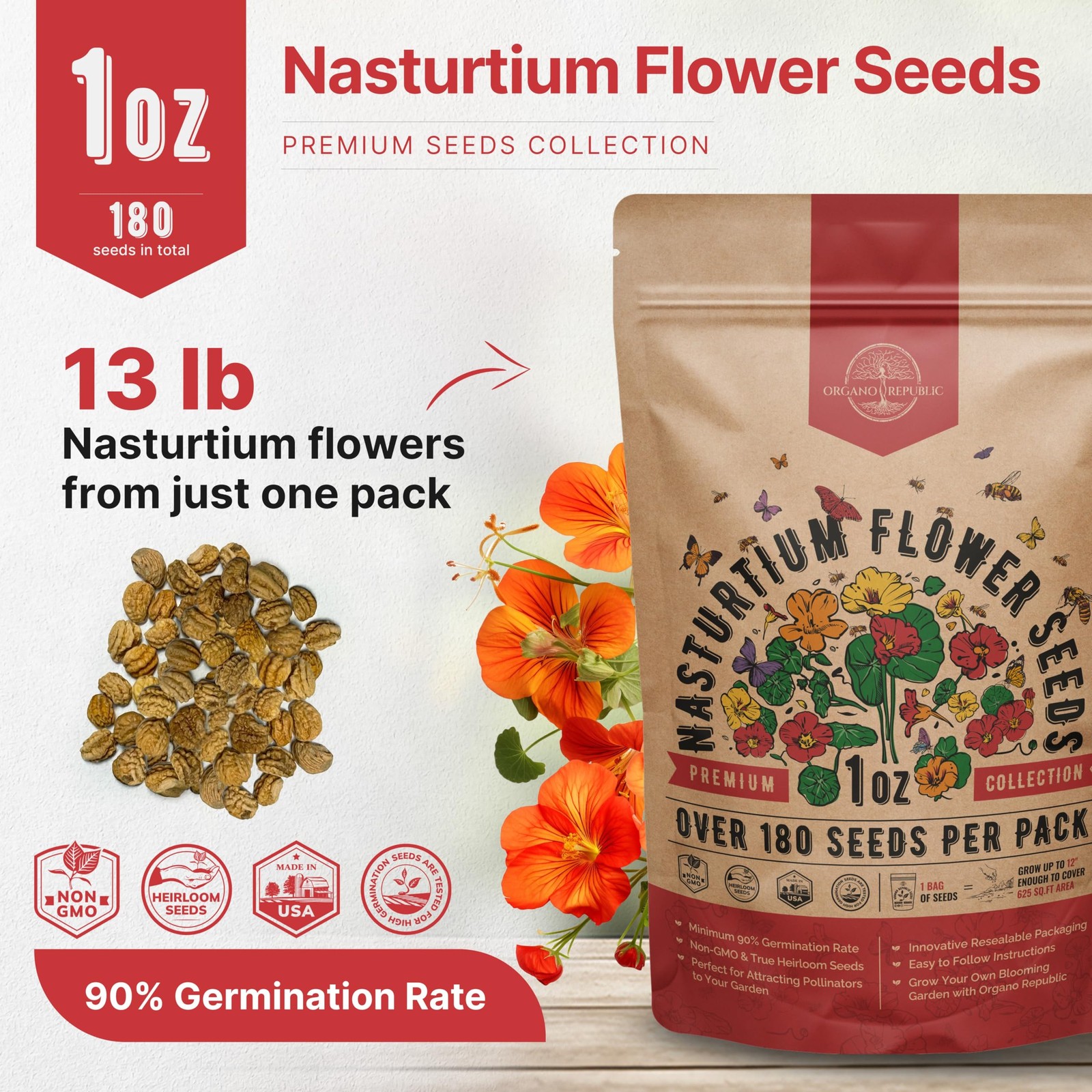 Nasturtium Seeds Pack 1 oz – Non-GMO Heirloom 1oz, Orange, Yellow, Red, Green