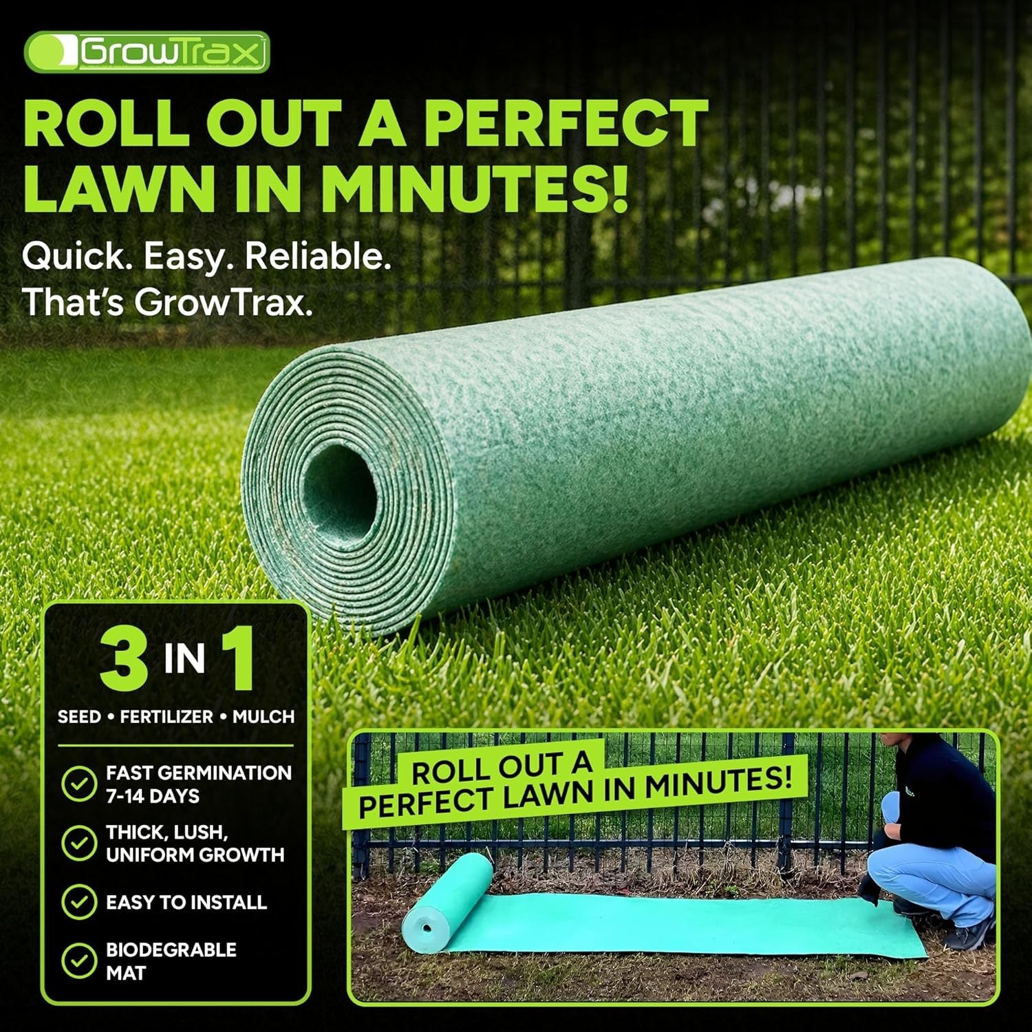 Growtrax Grass Seed Mat 50 Sq Ft Biodegradable Lawn Repair Roll Year Round
