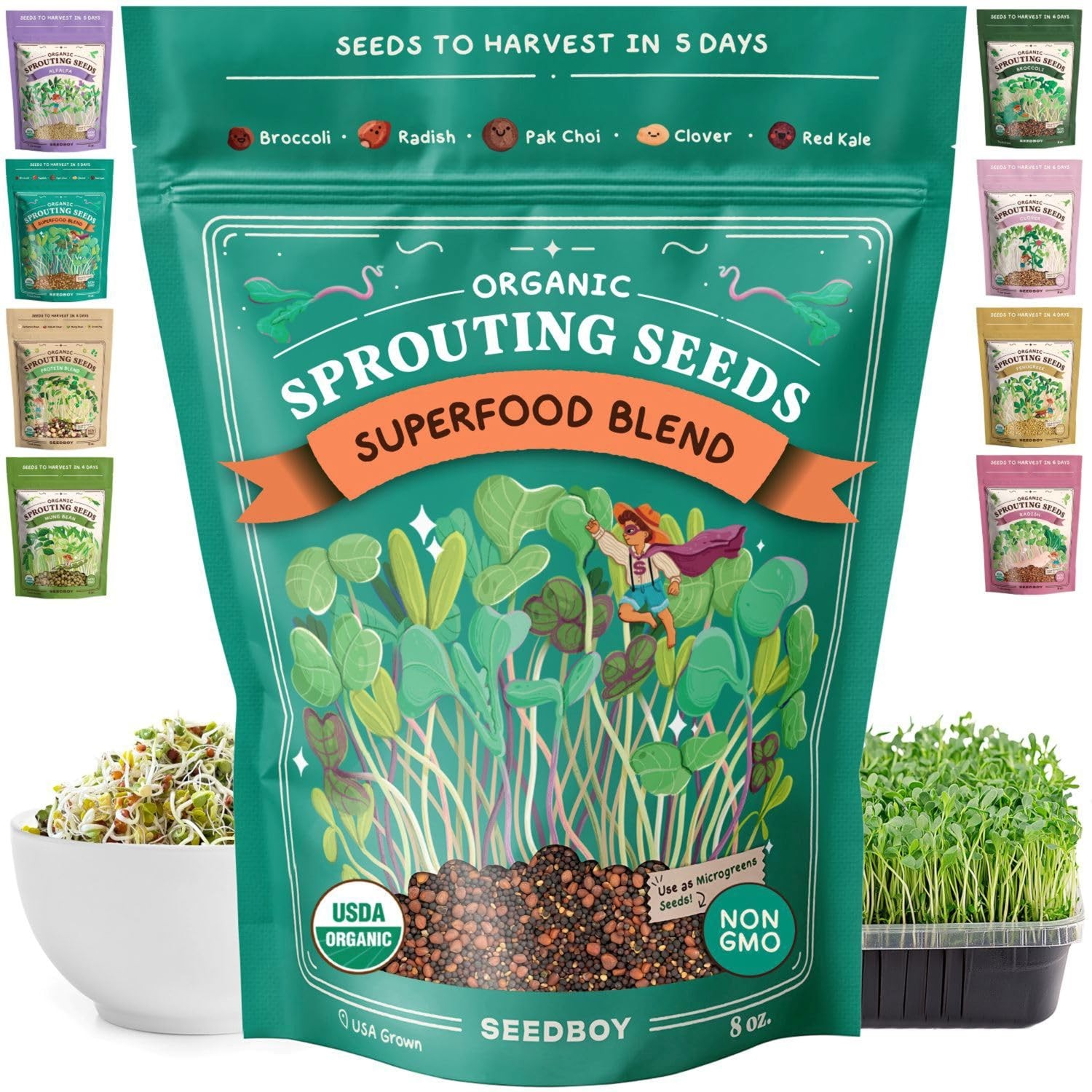 Seedboy Organic Non-GMO Sprouting Seeds, Superfood Blend – USA 8 oz, Green