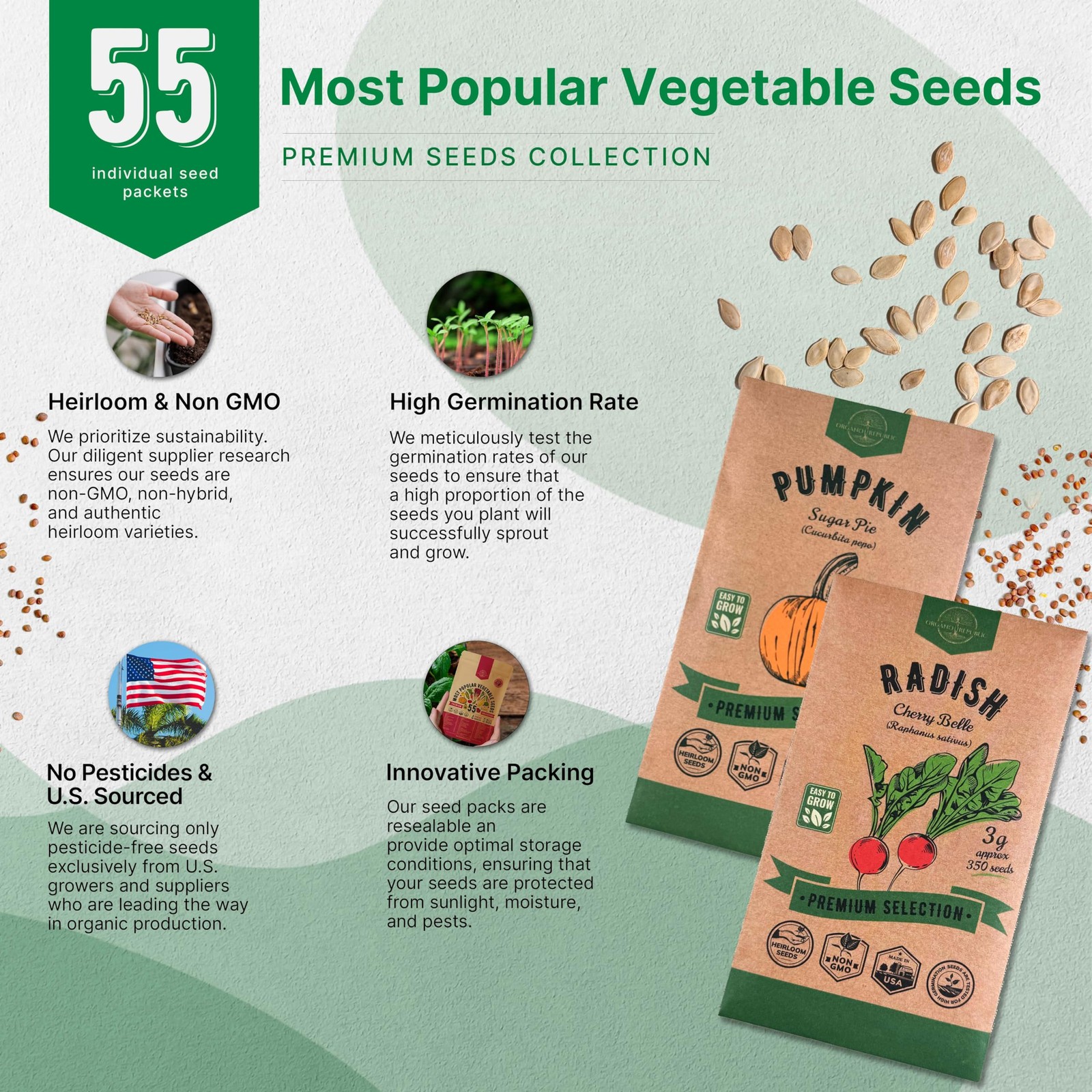 55 Vegetable Seeds Variety Pack – 35,600+ Non-GMO Green, Red, Purple, Yellow